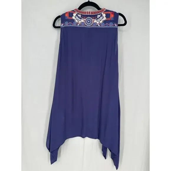 Umgee Top Womens Medium Navy Blue Tunic Flowy Embroidered Boho Bohemian Button - Picture 4 of 8